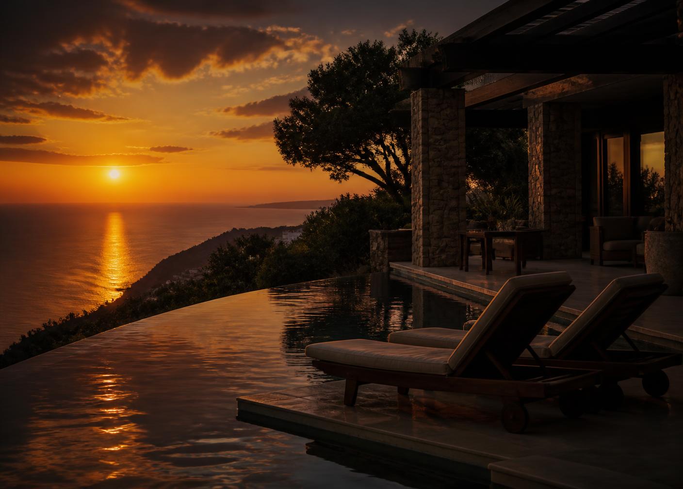 Infinity pool terrace of a vacation villa overlooking the sea at golden hour